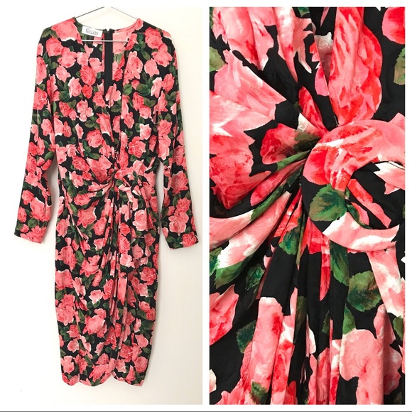 Vintage Dresses & Skirts - Vtg Silk Rose Faux-Wrap Dress M